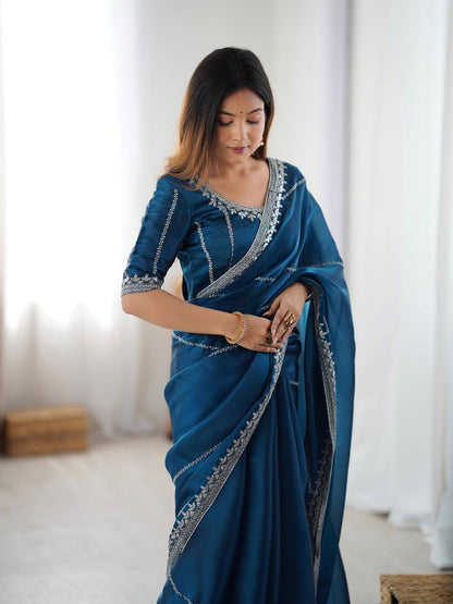 Wedding Wear Teal Color Silk Embroidered Saree