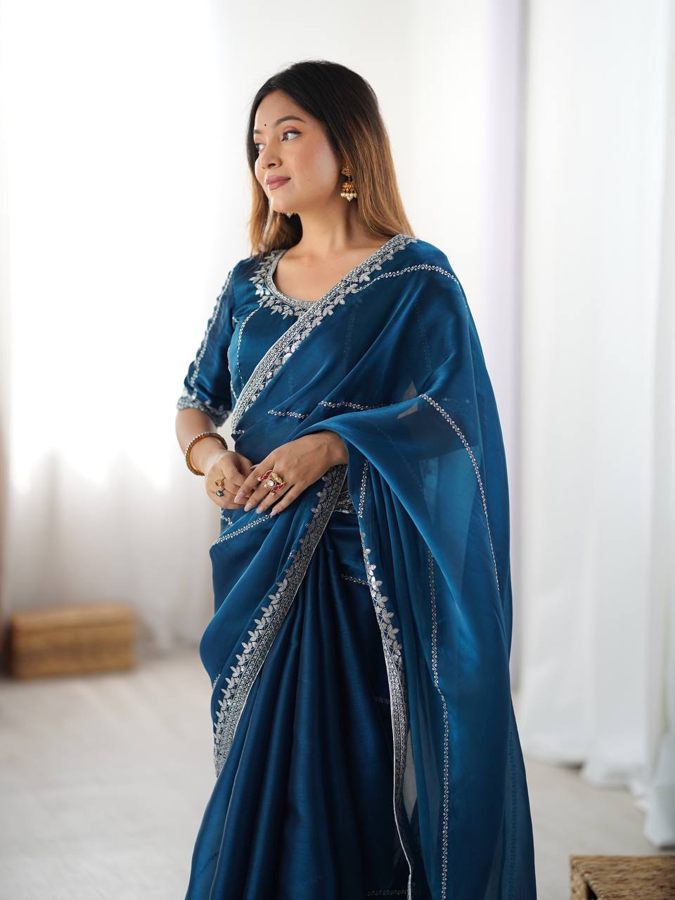 Wedding Wear Teal Color Silk Embroidered Saree