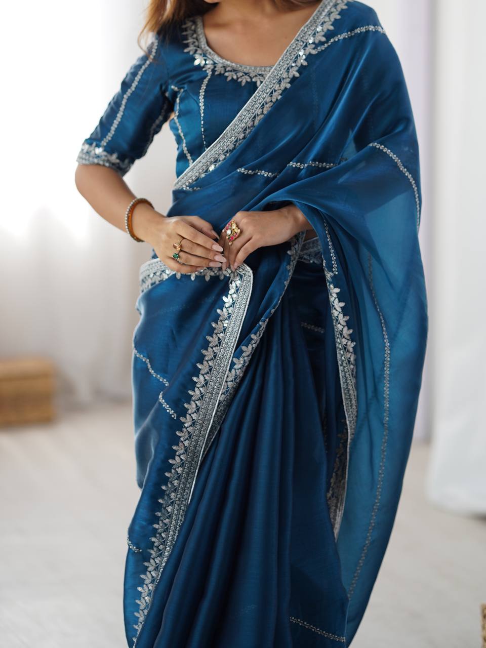 Wedding Wear Teal Color Silk Embroidered Saree
