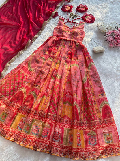 Bollywood Style Pure Jimmy Organza Silk Digital Printed Designer Anarkali Gown