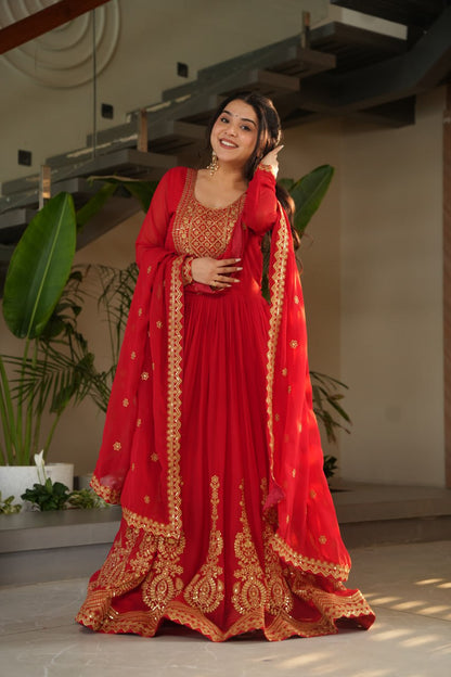 Reception Wear Red Color Faux Blooming With Embroidery Zari Sequins Work Designer Gown