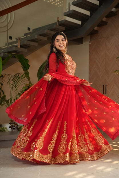 Reception Wear Red Color Faux Blooming With Embroidery Zari Sequins Work Designer Gown