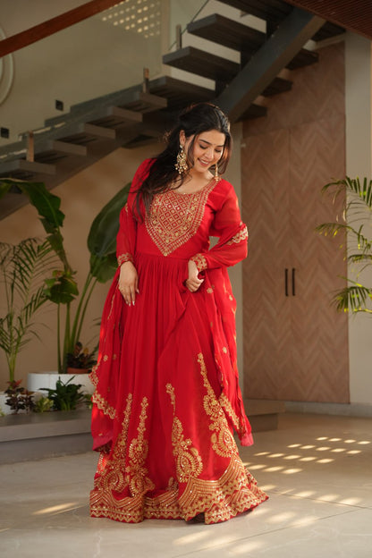 Reception Wear Red Color Faux Blooming With Embroidery Zari Sequins Work Designer Gown