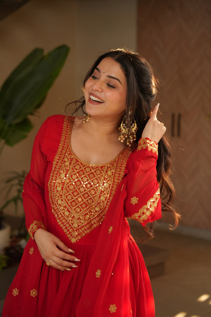 Reception Wear Red Color Faux Blooming With Embroidery Zari Sequins Work Designer Gown
