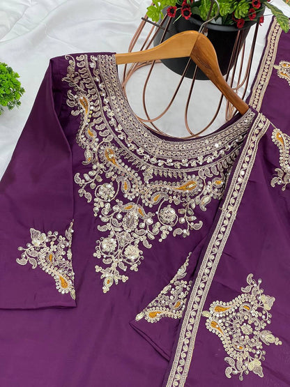 Admiring Dark Purple Color Pure Chinon Silk With Heavy Embroidery Coding Dori Sequence Work Palazzo Suit