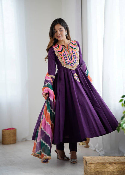 Festive Wear Purple Color Designer Gown Set with Dupatta