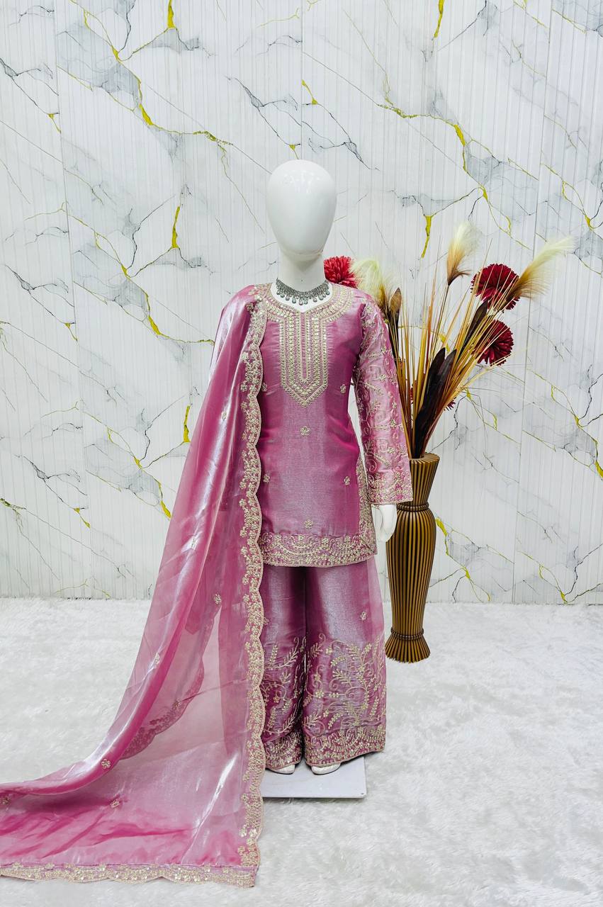 Gorgeous Light Pink Color Sequence Embroidered Palazzo Suit For Girls