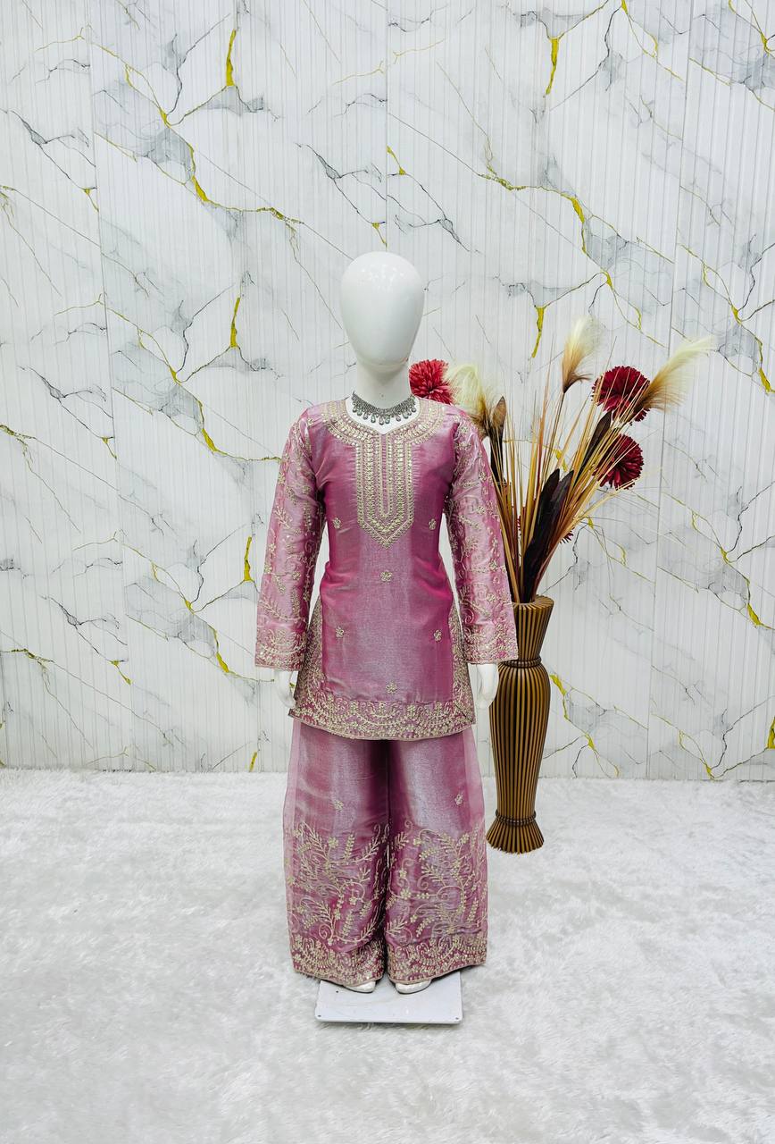 Gorgeous Light Pink Color Sequence Embroidered Palazzo Suit For Girls