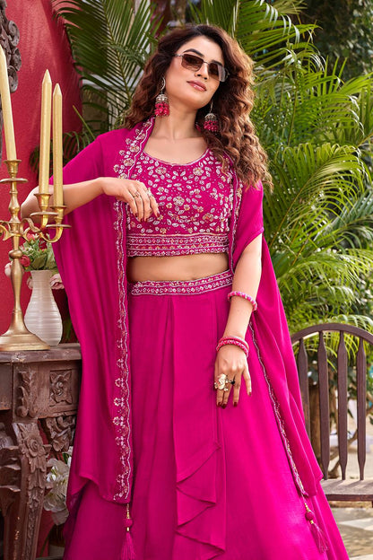 Admiring Pink Color Heavy Embroidery With Moti Work Lehenga With Shrug