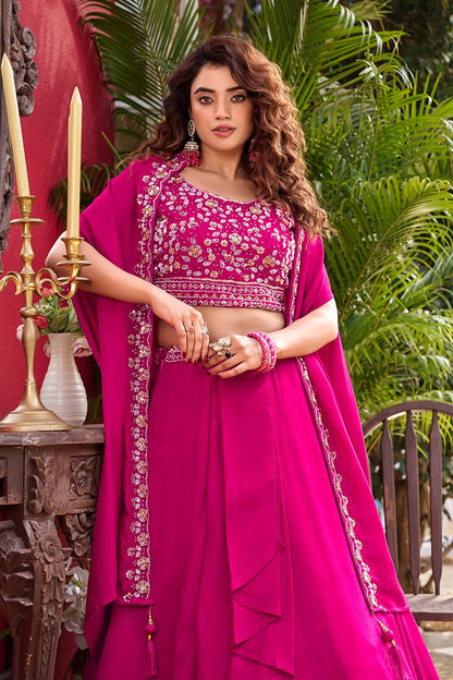 Admiring Pink Color Heavy Embroidery With Moti Work Lehenga With Shrug