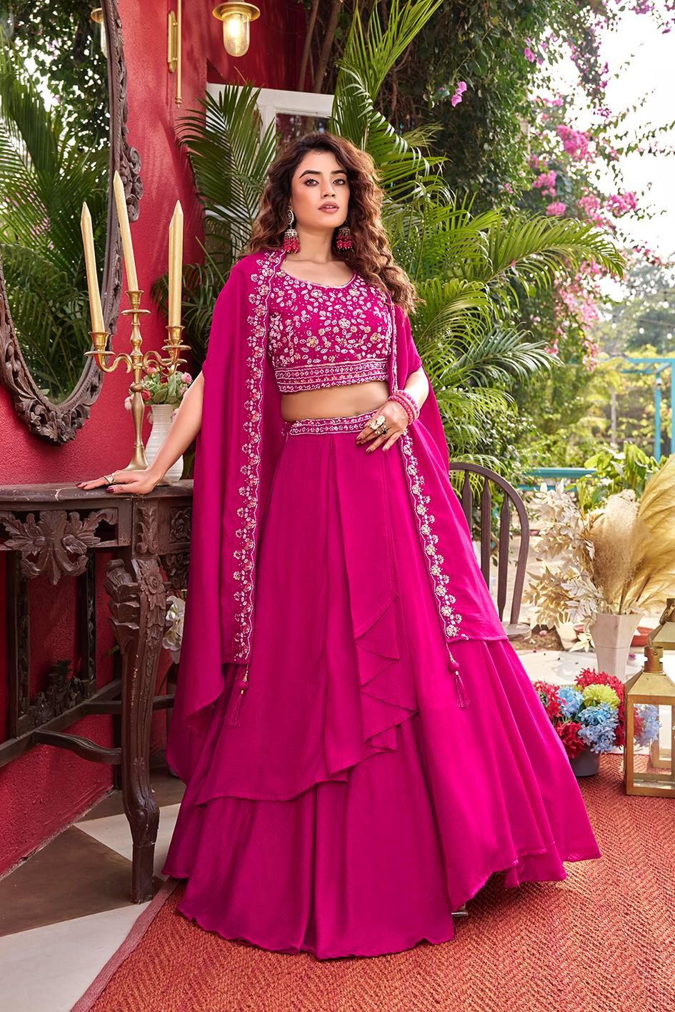 Admiring Pink Color Heavy Embroidery With Moti Work Lehenga With Shrug