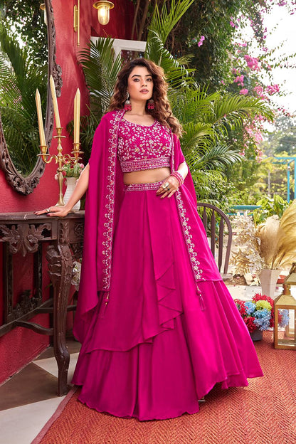 Admiring Pink Color Heavy Embroidery With Moti Work Lehenga With Shrug