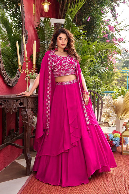 Admiring Pink Color Heavy Embroidery With Moti Work Lehenga With Shrug