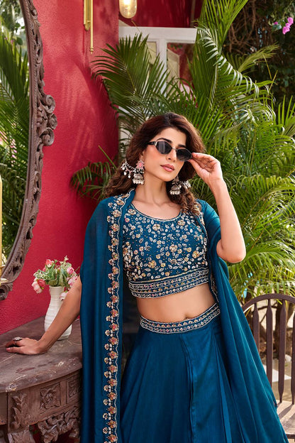 Ravishing Blue Color Embroidery With Moti Work Lehenga Choli