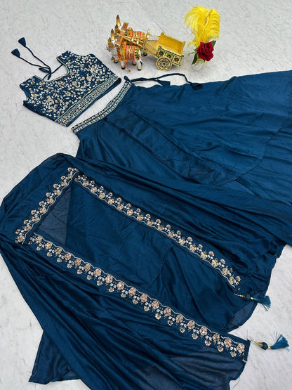 Ravishing Blue Color Embroidery With Moti Work Lehenga Choli