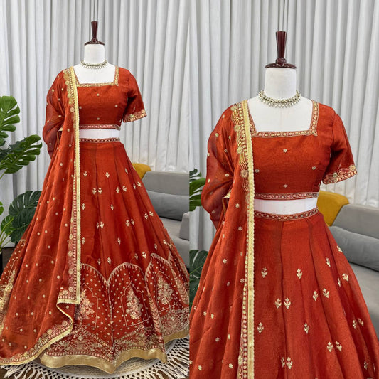 Classic Designer Orange Color Silk Lehenga Set