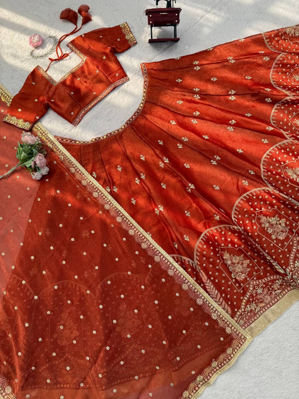 Classic Designer Orange Color Silk Lehenga Set