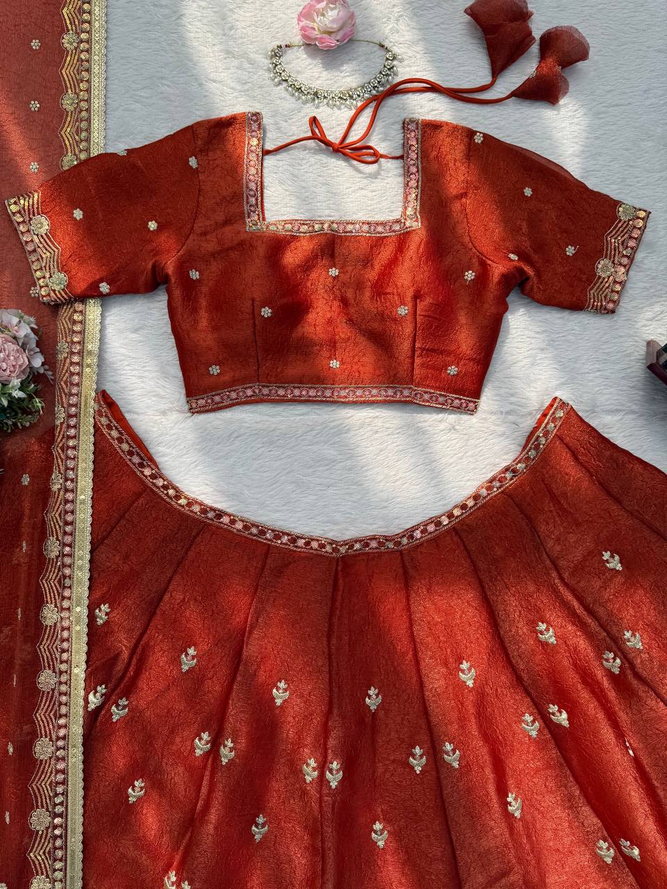 Classic Designer Orange Color Silk Lehenga Set