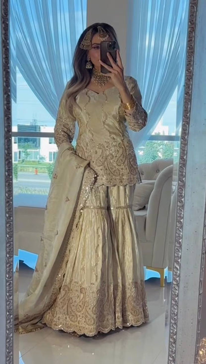 Stylish White Color Sequence Work Sharara Suit With Dupatta