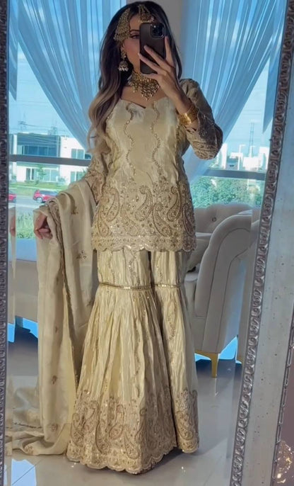 Stylish White Color Sequence Work Sharara Suit With Dupatta