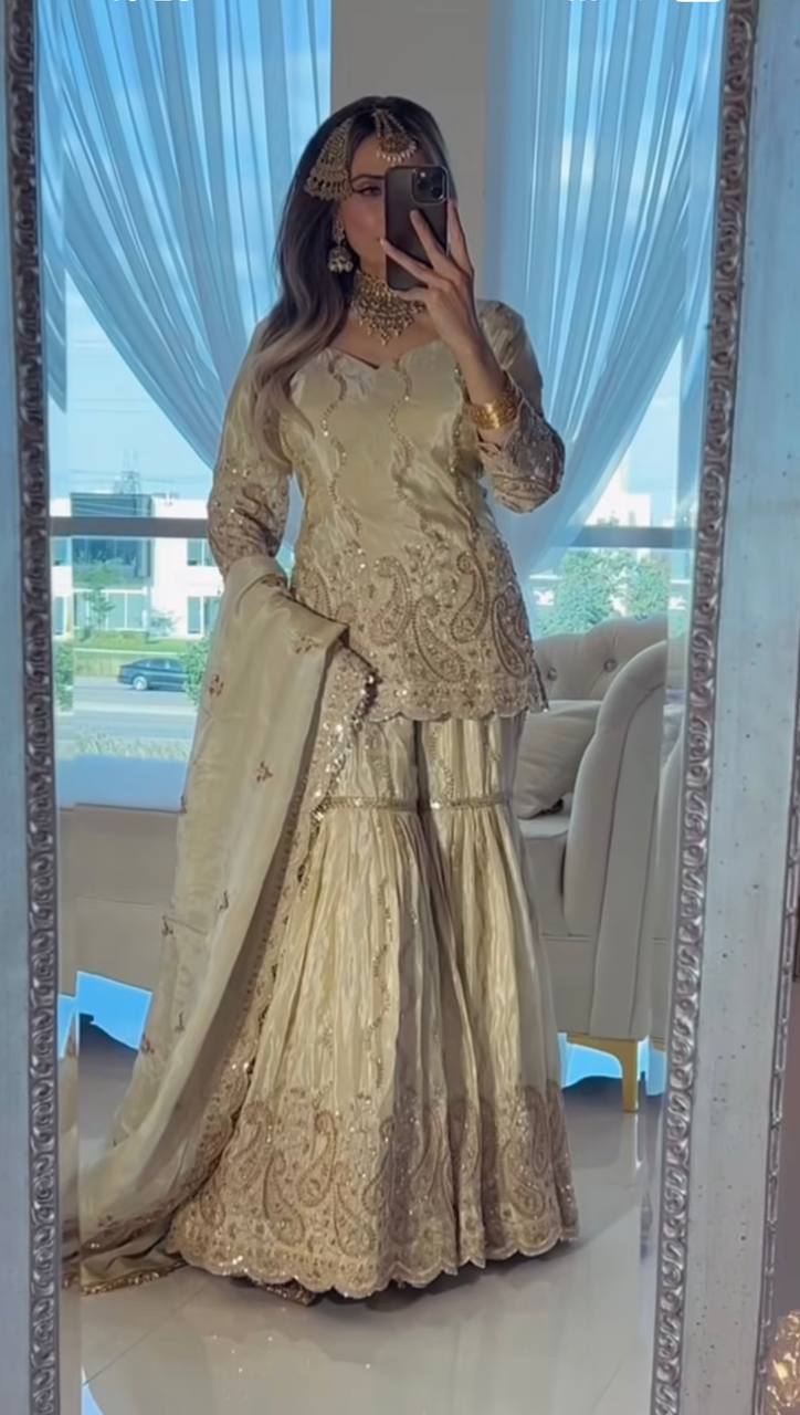 Stylish White Color Sequence Work Sharara Suit With Dupatta