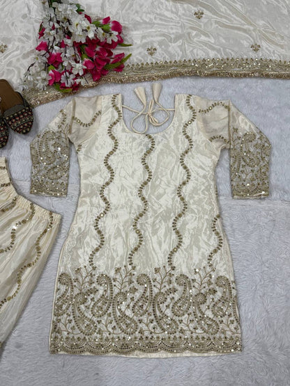 Stylish White Color Sequence Work Sharara Suit With Dupatta