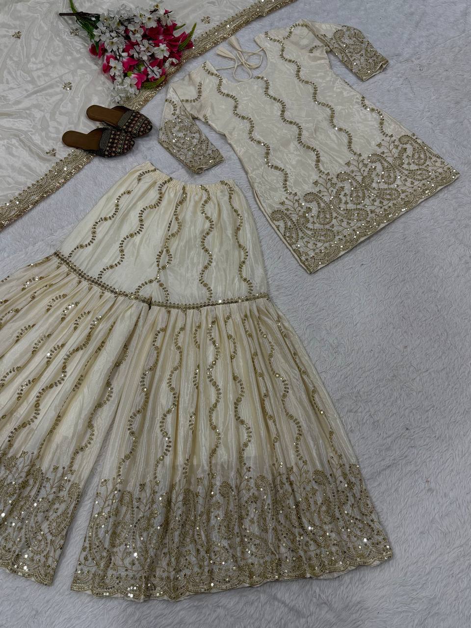 Stylish White Color Sequence Work Sharara Suit With Dupatta