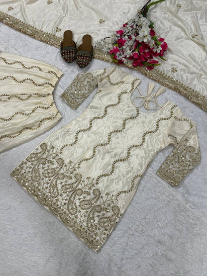 Stylish White Color Sequence Work Sharara Suit With Dupatta