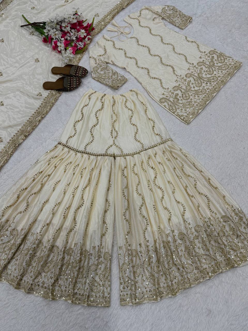 Stylish White Color Sequence Work Sharara Suit With Dupatta