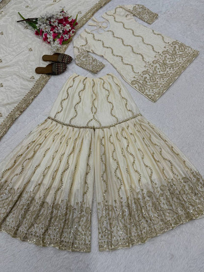 Stylish White Color Sequence Work Sharara Suit With Dupatta