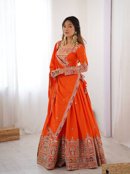 Wedding Wear Orange Color Natural Crepe Silk Thread With Sequence Work Lehenga Choli