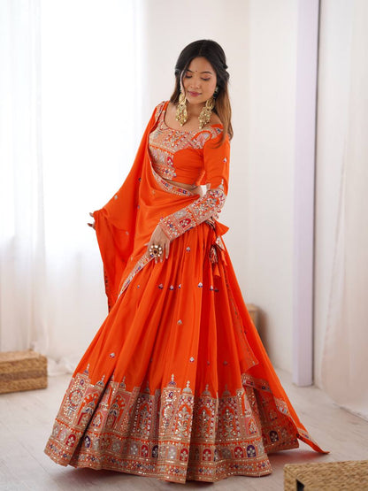 Wedding Wear Orange Color Natural Crepe Silk Thread With Sequence Work Lehenga Choli