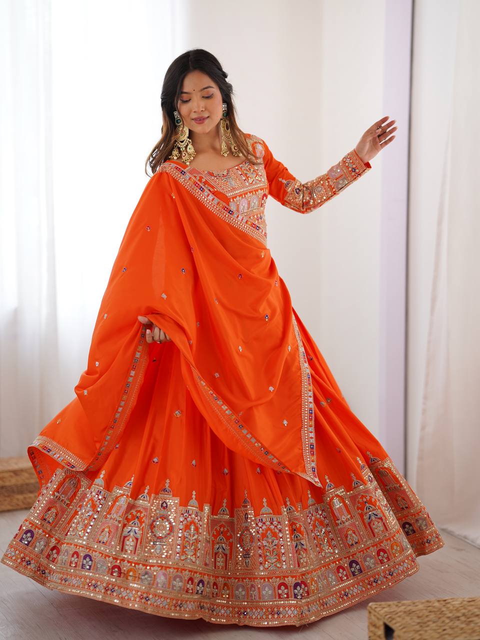 Wedding Wear Orange Color Natural Crepe Silk Thread With Sequence Work Lehenga Choli