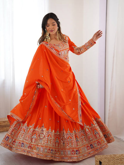 Wedding Wear Orange Color Natural Crepe Silk Thread With Sequence Work Lehenga Choli