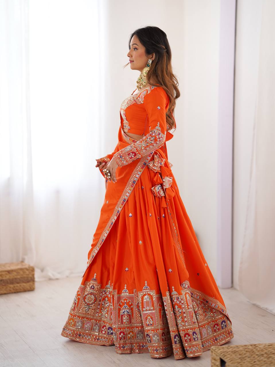 Wedding Wear Orange Color Natural Crepe Silk Thread With Sequence Work Lehenga Choli