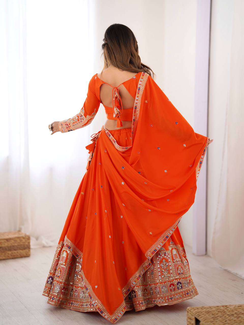 Wedding Wear Orange Color Natural Crepe Silk Thread With Sequence Work Lehenga Choli