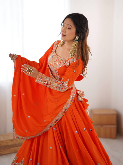 Wedding Wear Orange Color Natural Crepe Silk Thread With Sequence Work Lehenga Choli