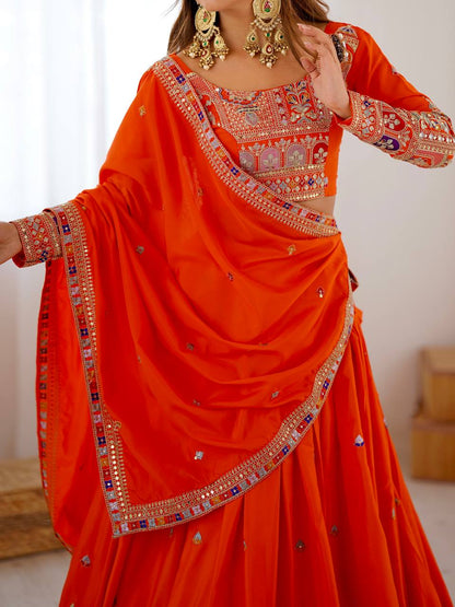 Wedding Wear Orange Color Natural Crepe Silk Thread With Sequence Work Lehenga Choli