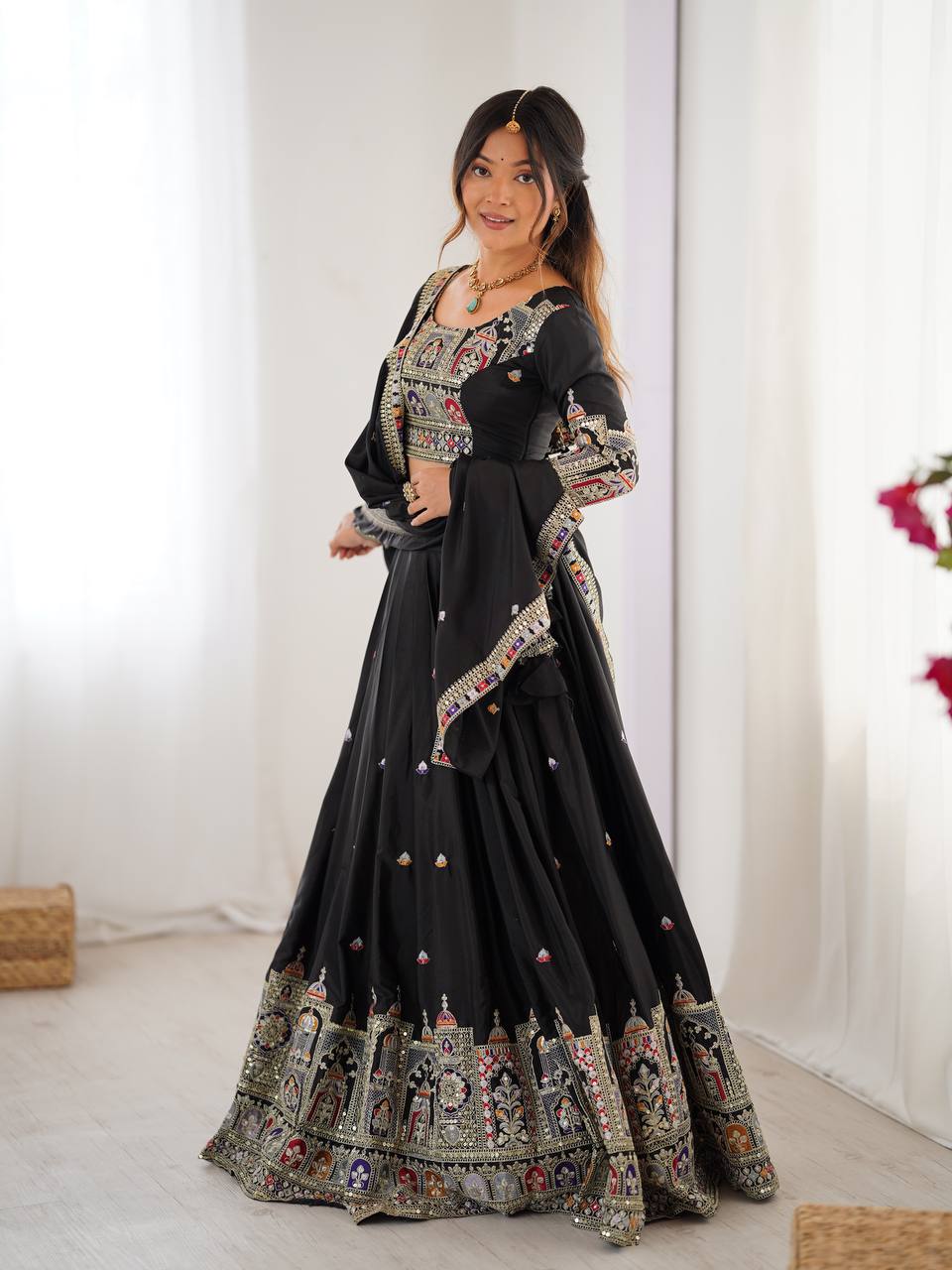 Wedding Wear Black Color Natural Crepe Silk Thread With Sequence Work Lehenga Choli