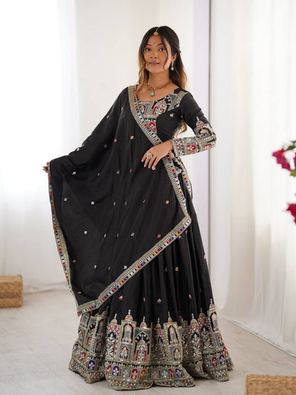 Wedding Wear Black Color Natural Crepe Silk Thread With Sequence Work Lehenga Choli