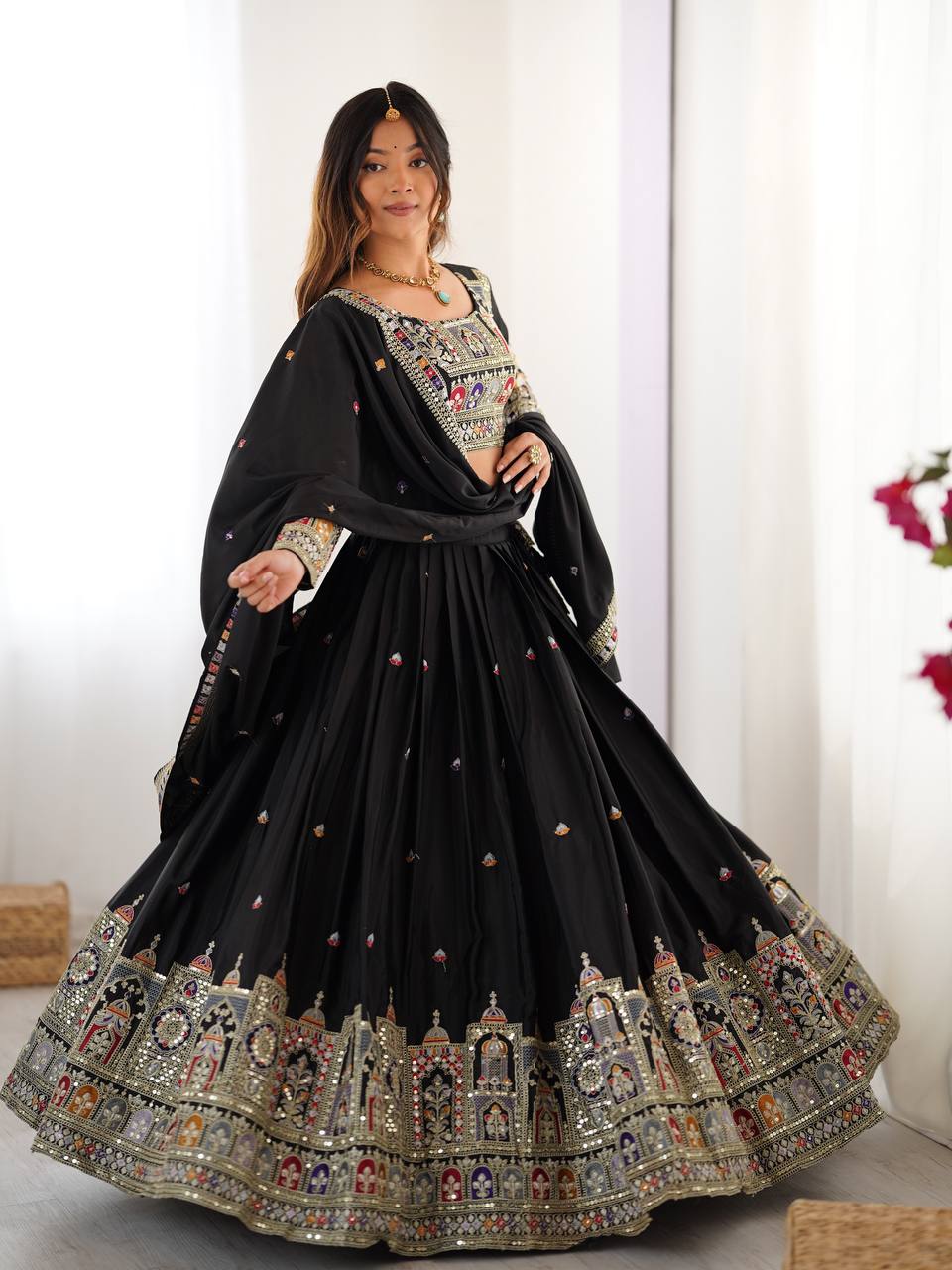 Wedding Wear Black Color Natural Crepe Silk Thread With Sequence Work Lehenga Choli