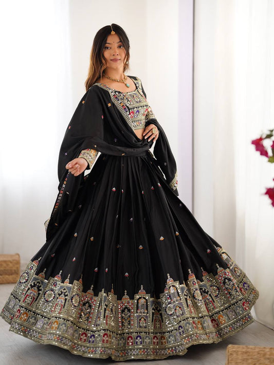 Wedding Wear Black Color Natural Crepe Silk Thread With Sequence Work Lehenga Choli