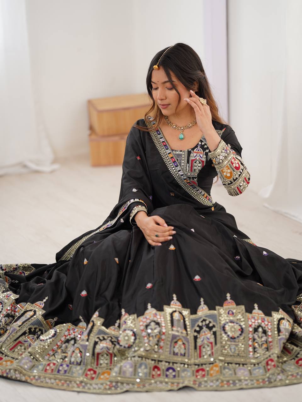 Wedding Wear Black Color Natural Crepe Silk Thread With Sequence Work Lehenga Choli