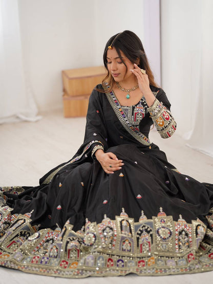 Wedding Wear Black Color Natural Crepe Silk Thread With Sequence Work Lehenga Choli