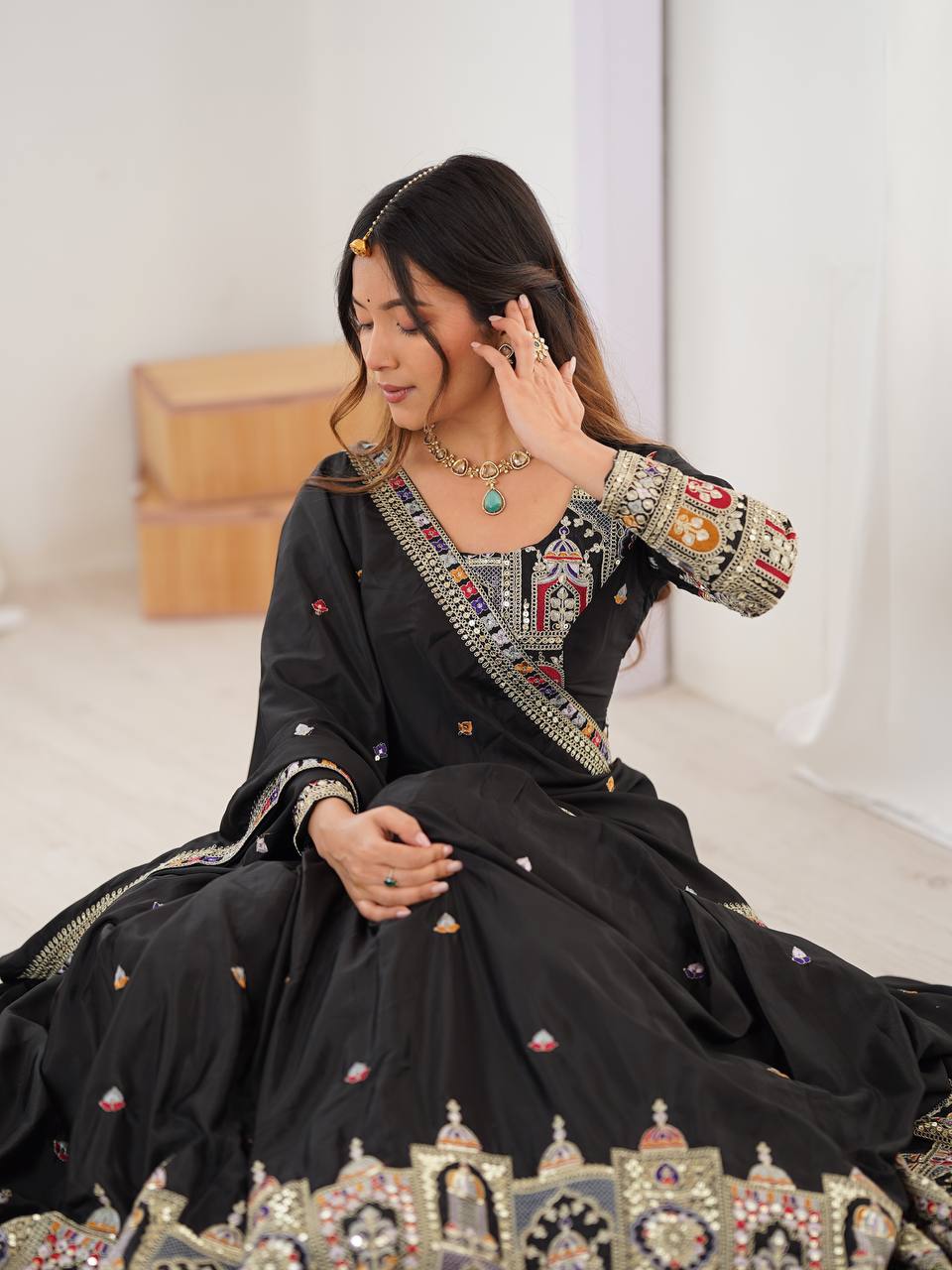 Wedding Wear Black Color Natural Crepe Silk Thread With Sequence Work Lehenga Choli