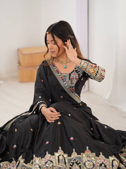 Wedding Wear Black Color Natural Crepe Silk Thread With Sequence Work Lehenga Choli