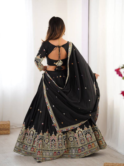 Wedding Wear Black Color Natural Crepe Silk Thread With Sequence Work Lehenga Choli