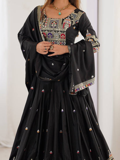 Wedding Wear Black Color Natural Crepe Silk Thread With Sequence Work Lehenga Choli