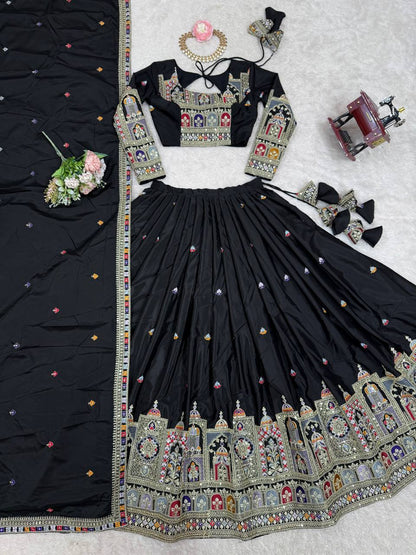 Wedding Wear Black Color Natural Crepe Silk Thread With Sequence Work Lehenga Choli