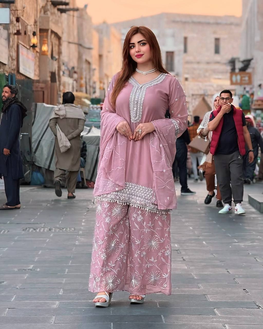 Baby Pink Color Pure Heavy Faux Georgette With Embroidery And 3mm Sequence Work Designer Sharara Suit